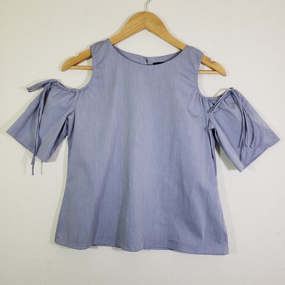 SAKS 5TH AVENUE Small Blue Cold Shoulder, Split Back, Round Neckline Top - Picture 10 of 11